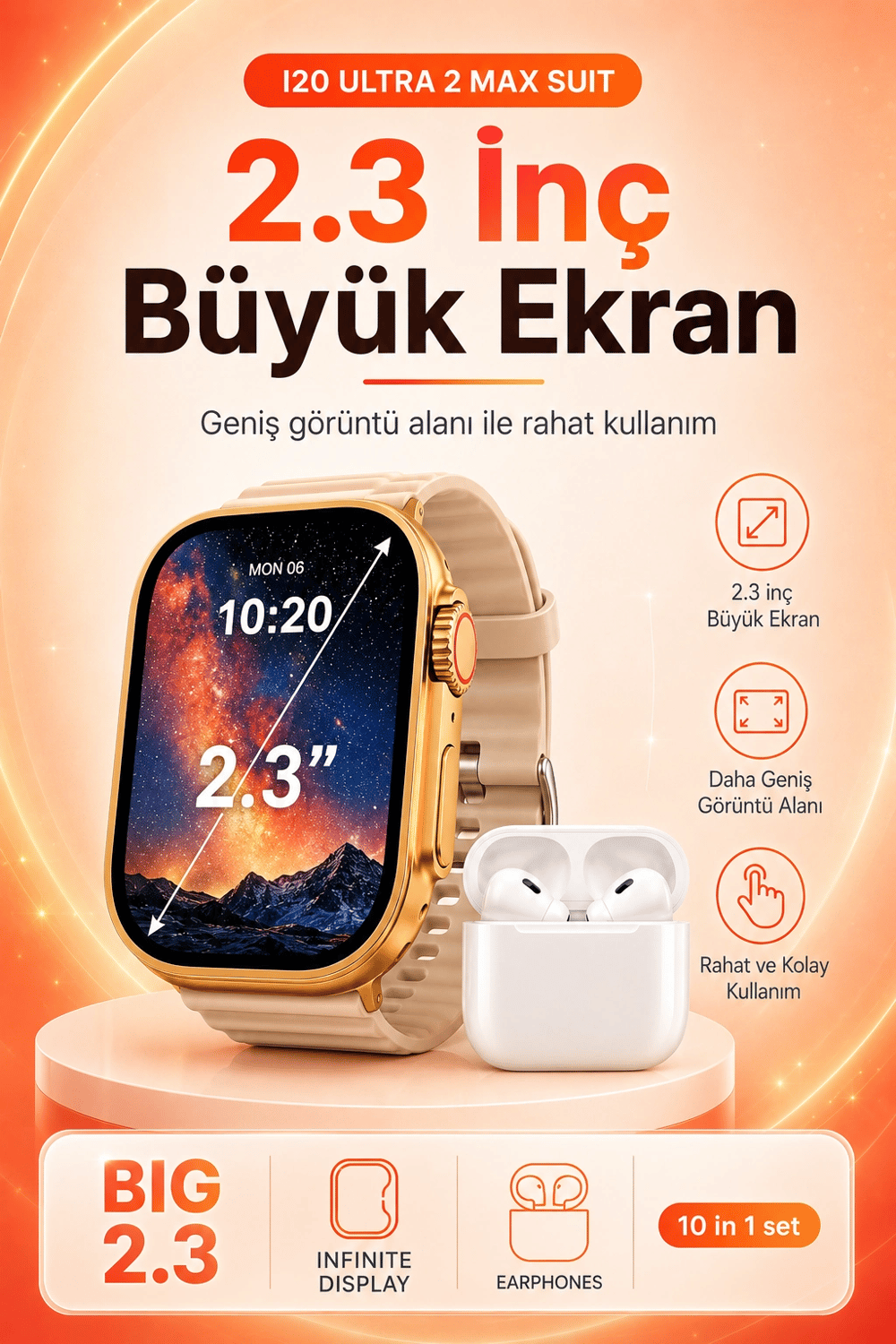 Büyük Ekranlı Akıllı Saat Kablosuz Kulaklık Ve Çoklu Aksesuar İçeren Set