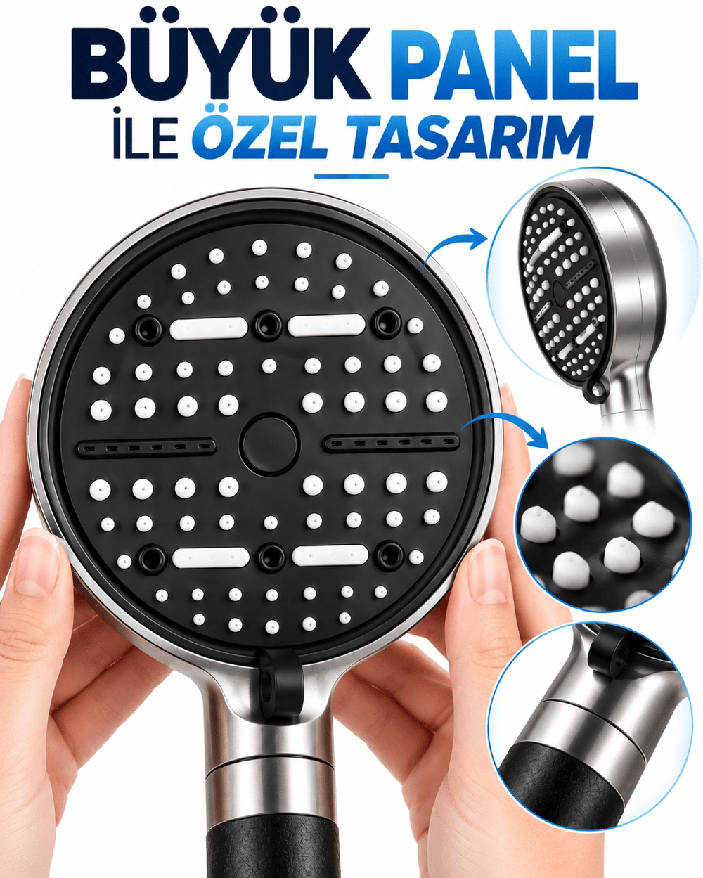 Büyük Panelli 6 Farklı Su Modlu Filtreli Duş Başlığı Siyah Metalik Tasarım
