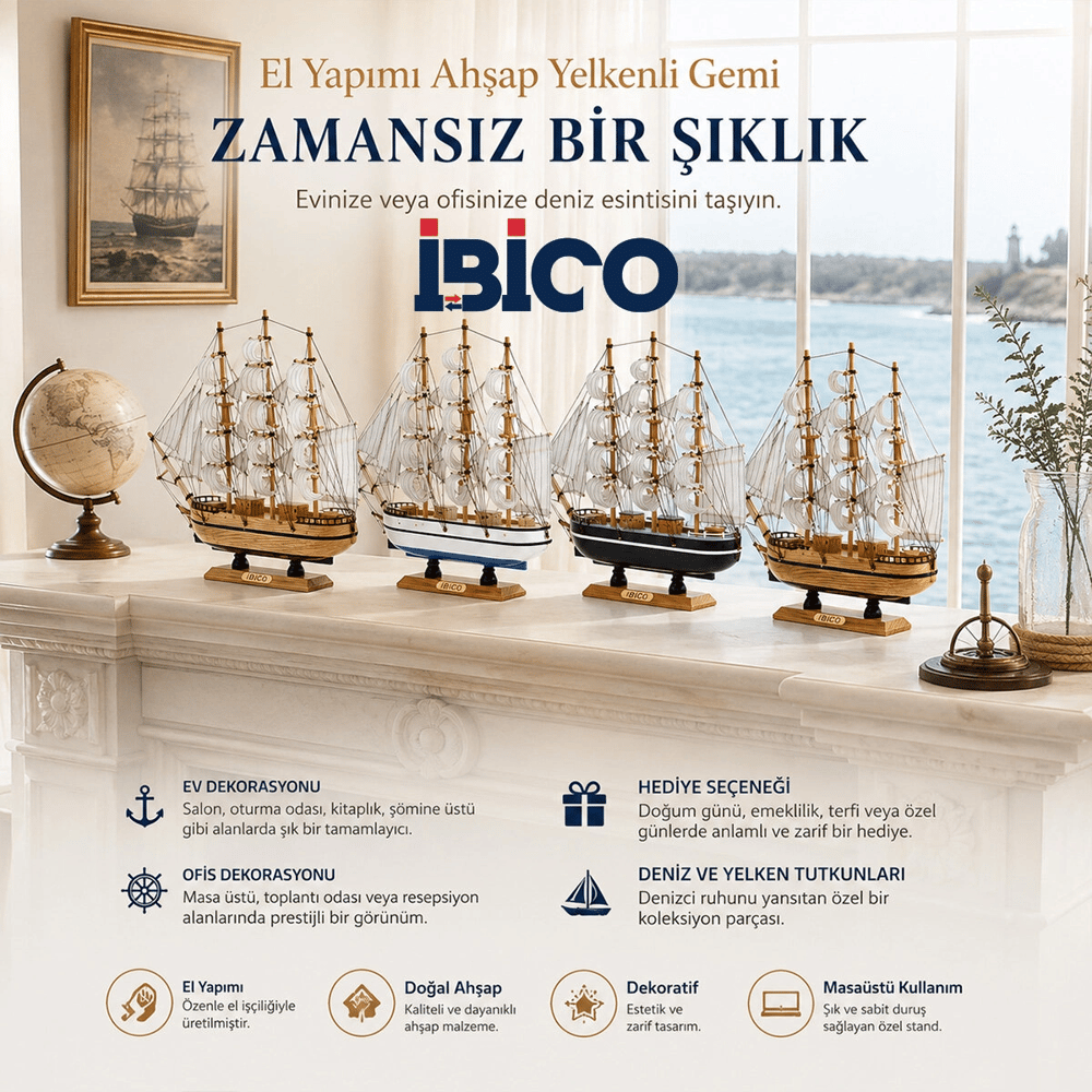 Büyük Uzunluk : 36cm - Genişlik : 38.5cm Masaüstü Dekoratif Ahşap Yelkenli Gemi Süs Eşyası Herhangi Bir Renk Gönderilir Bx40
