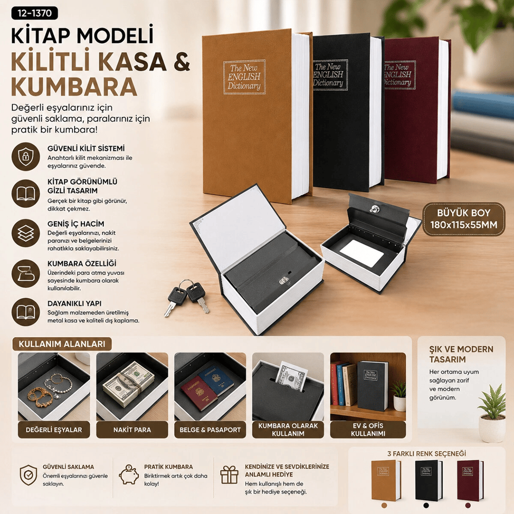 Büyük=180x115x55mm Kitap Modeli Kilitli Kasa - Kumbara Renkli Bx40