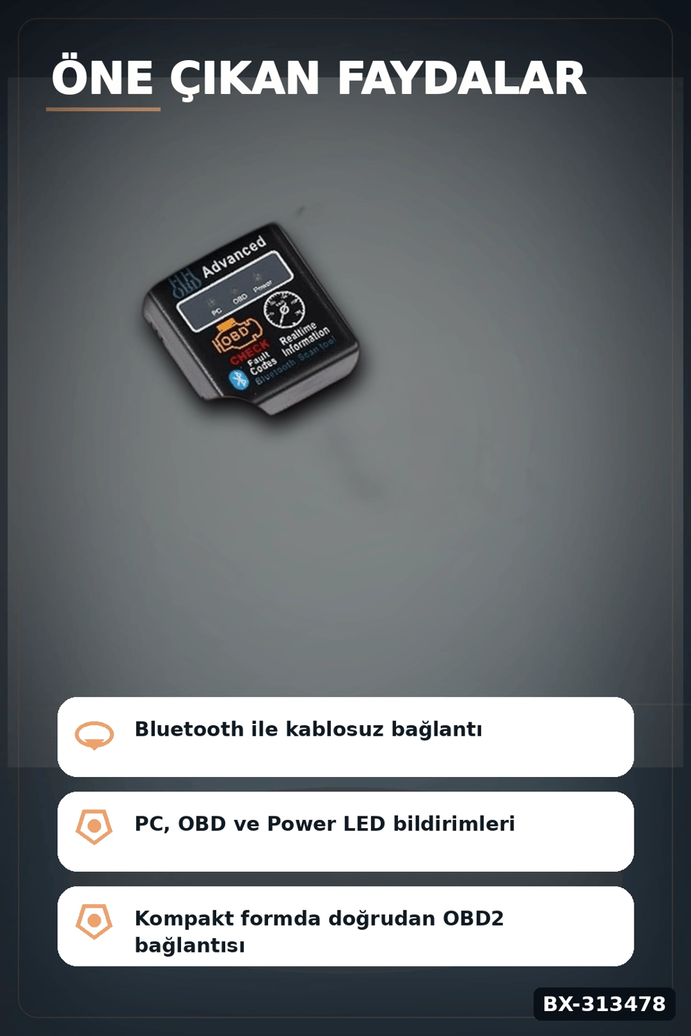 Bx40 OBD2 Bluetooth Araç Arıza Tespit Cihazı, Check Engine Sıfırlama, Scanner 1 Adet BX-313478