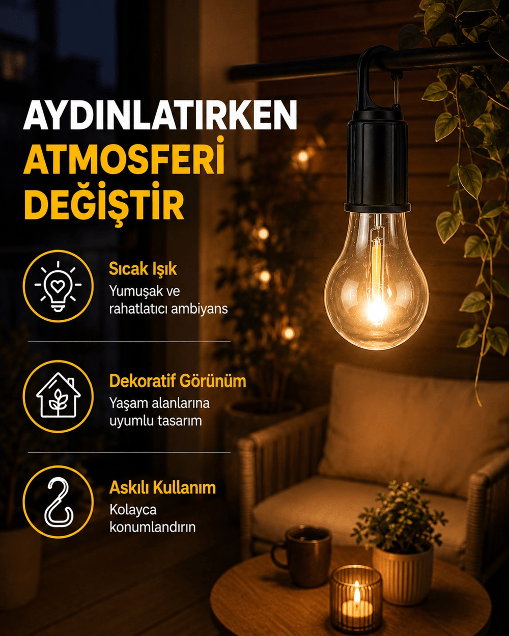 C Tipi Şarjlı Asılabilir Kamp Feneri