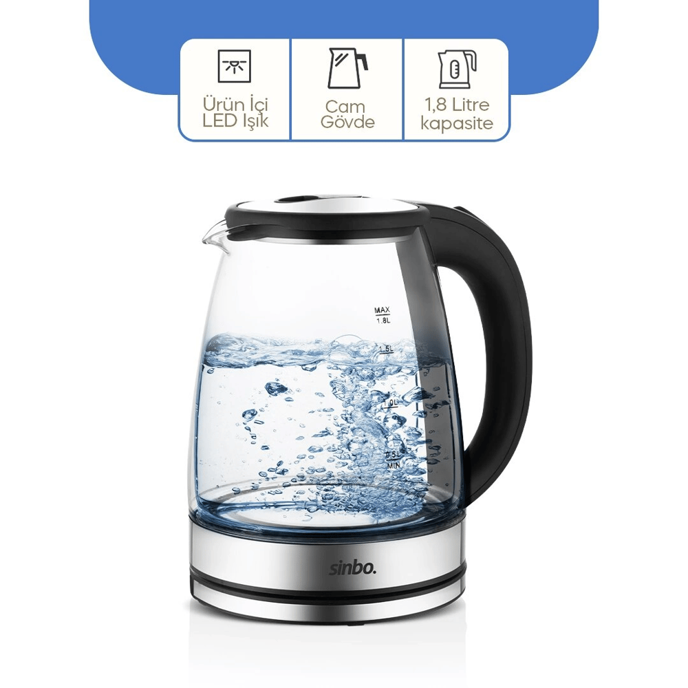 Cam - Ledli Kettle 1.8lt  Gizli Rezistans - Kablosuz 360 Derece Gövde 1500w Sk-8033 Bx40