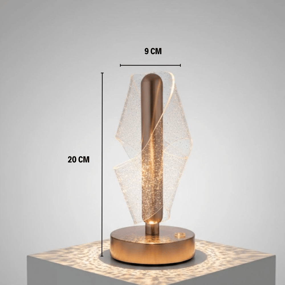 Çapraz Kavisli Ters Kristal Simli Led Masa Lambası – Gold Gövdeli, Dokunmatik, 3 Kademe Işık Ayarlı Şarjlı Dekoratif Lamba Bx40