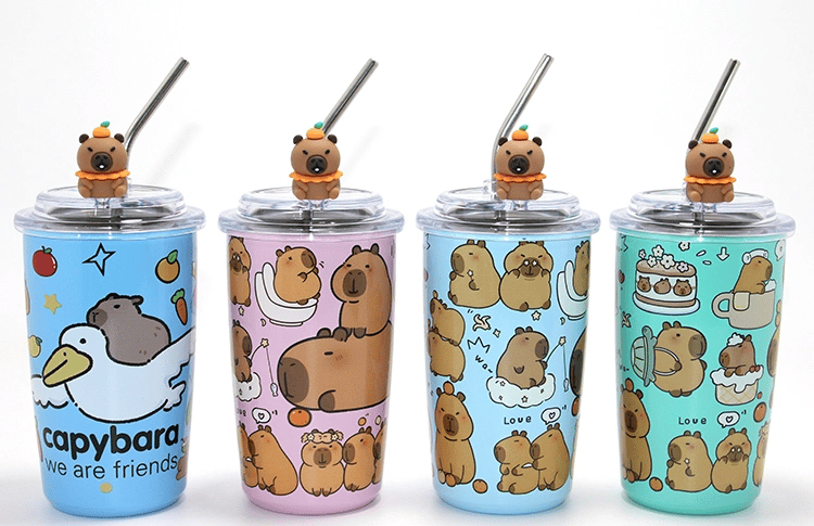 Capybara Figürlü Isı Muhafazalı Metal Pipetli Paslanmaz Çelik Kupa