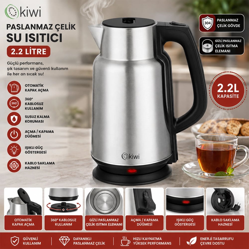 Çelik - Sürahi Model Kettle Elektrikli Su Isıtıcısı Paslanmaz Çelik Gizli Rezistans 360° 2.2lt 1500w Kk-3334 Bx40