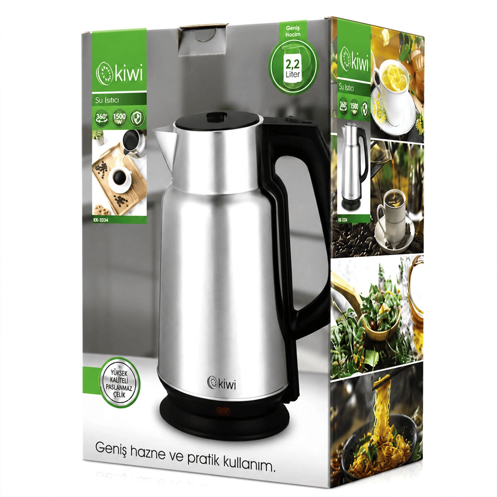 Çelik - Sürahi Model Kettle Elektrikli Su Isıtıcısı Paslanmaz Çelik Gizli Rezistans 360° 2.2lt 1500w Kk-3334 Bx40