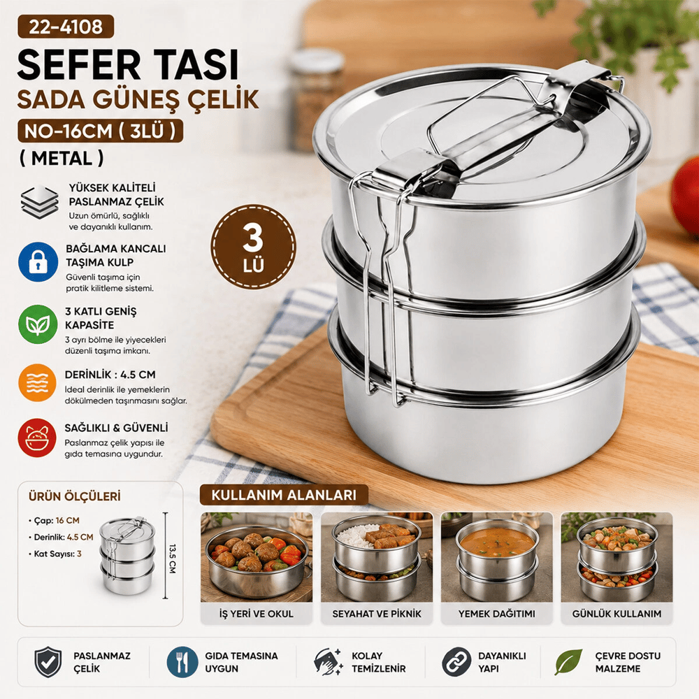 Çelik 3lü Metal Sefer Tası Taşıma Kulp=bağlama Kancalı Bx40