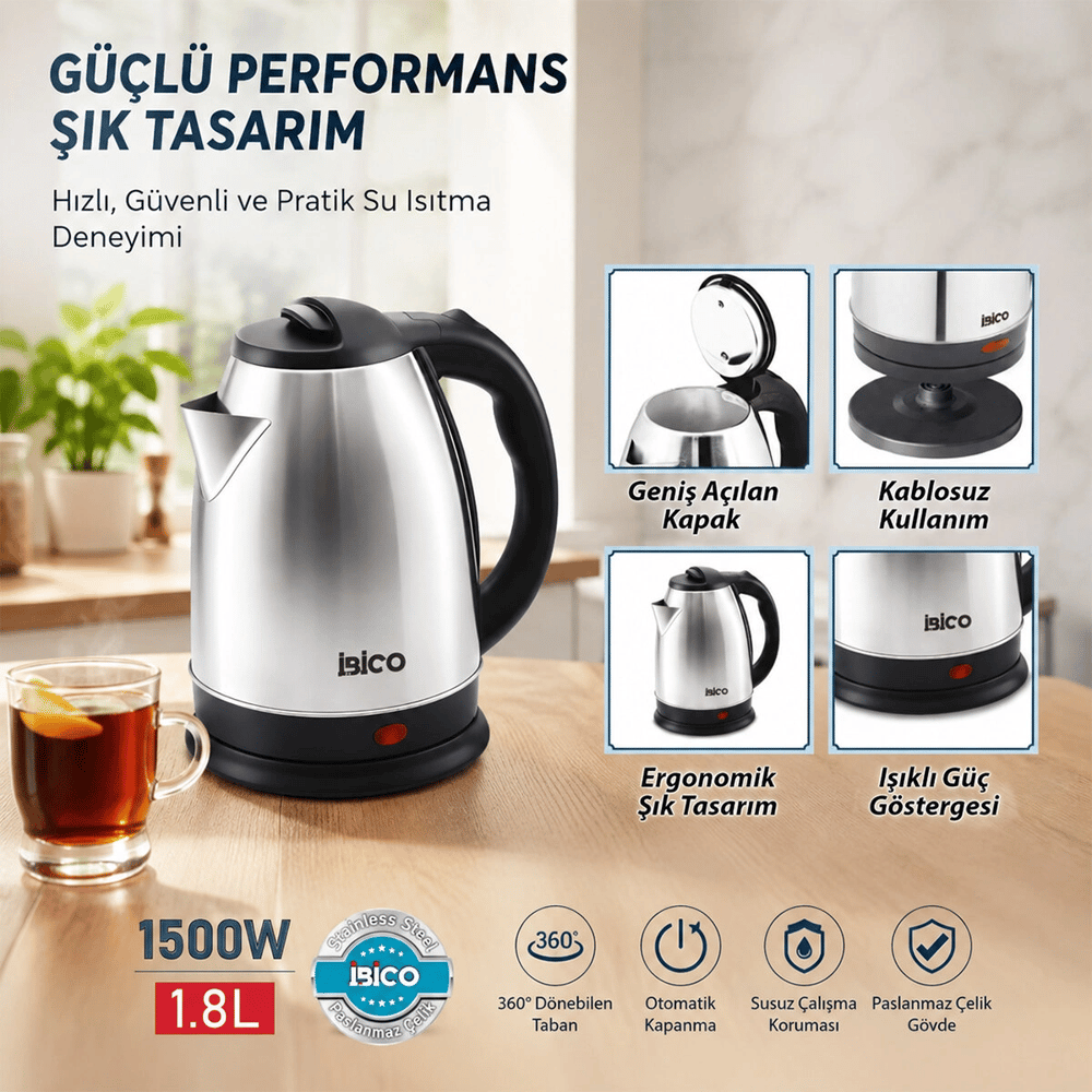 Çelik Kettle Su Isıtıcısı 1.8lt - 1500w Bx40