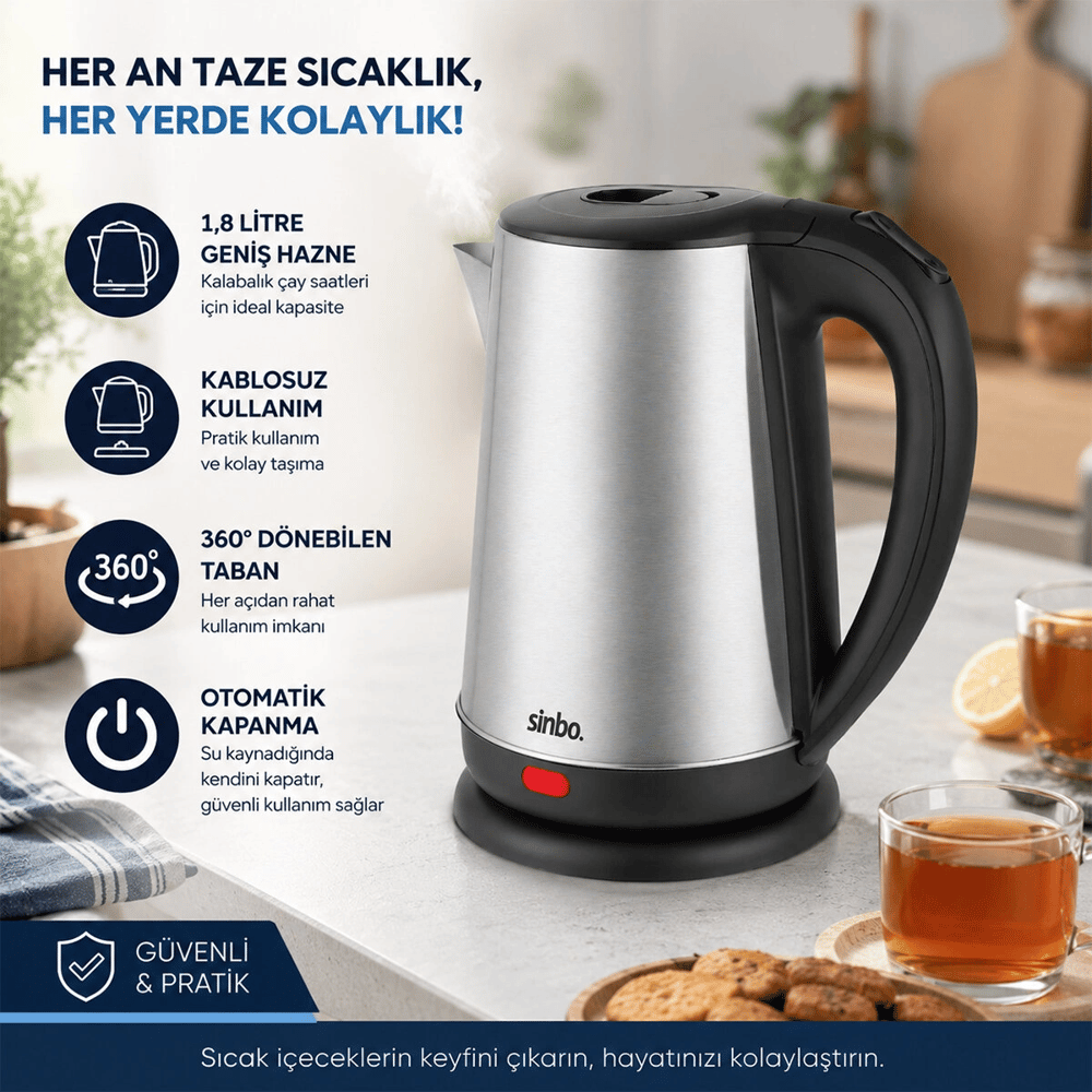 Çelik Kettle Su Isıtıcısı Kablosuz Kullanım 1.8lt 360 Derece Dönebilme Otomatik Kapanma Sk-8026 Bx40
