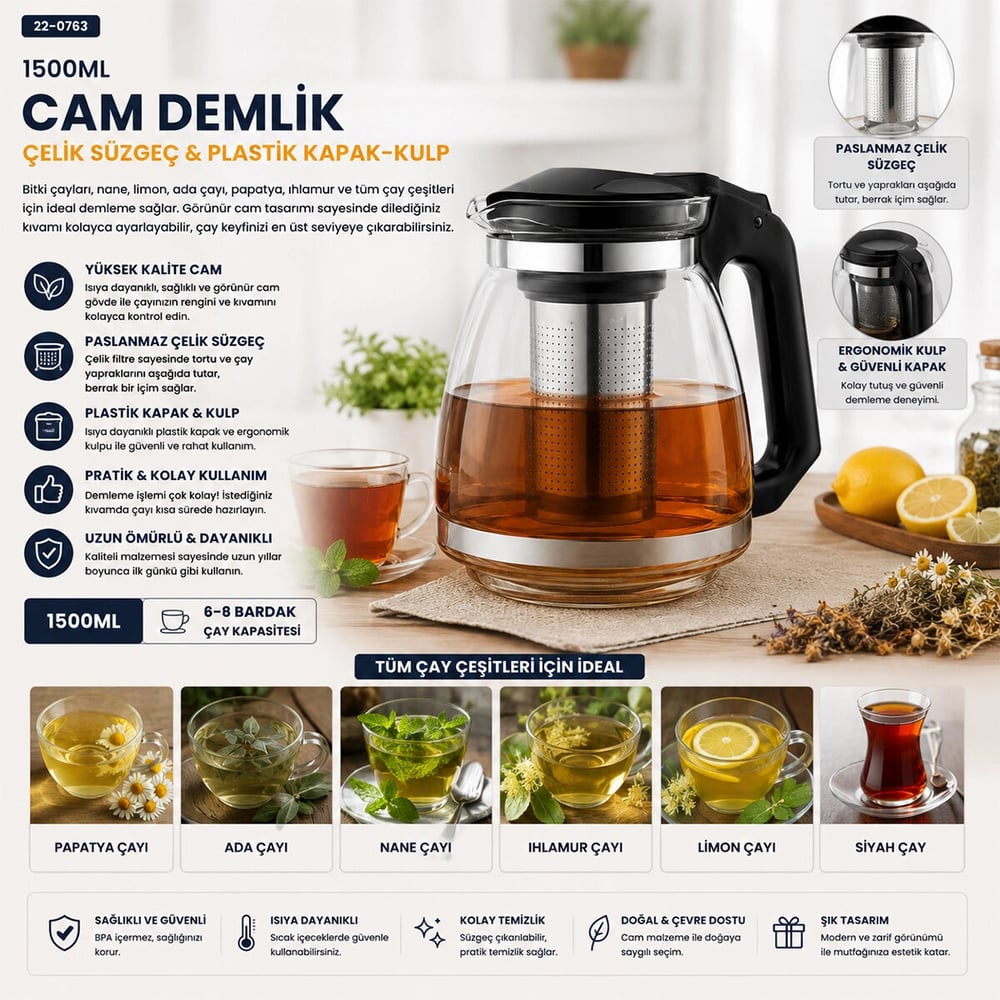Çelik Süzgeçli Cam Demlik 1500ml Bx40