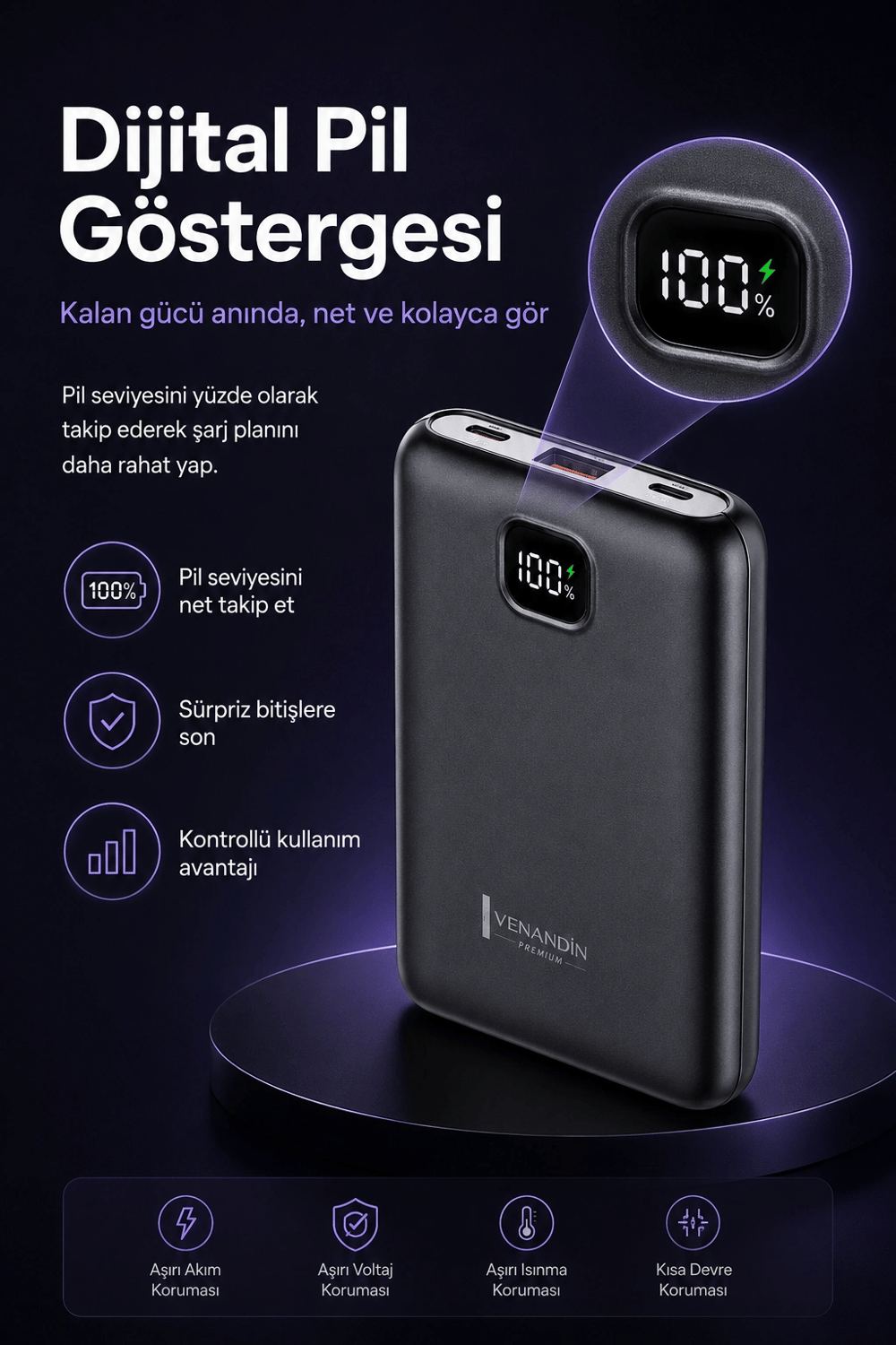 Cep Telefonu Uyumlu 10000 mAh Dijital Göstergeli Hızlı Şarj Powerbank