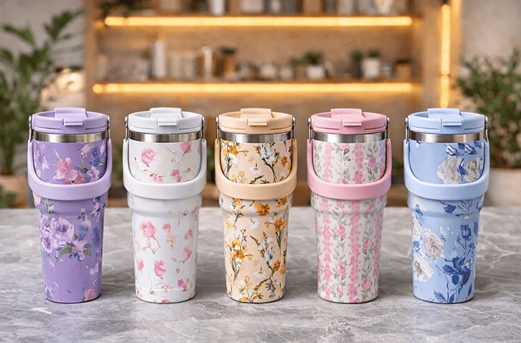 Çiçek Desenli 900 ml Taşıma Kulplu Paslanmaz Çelik Termos Mug Bardak