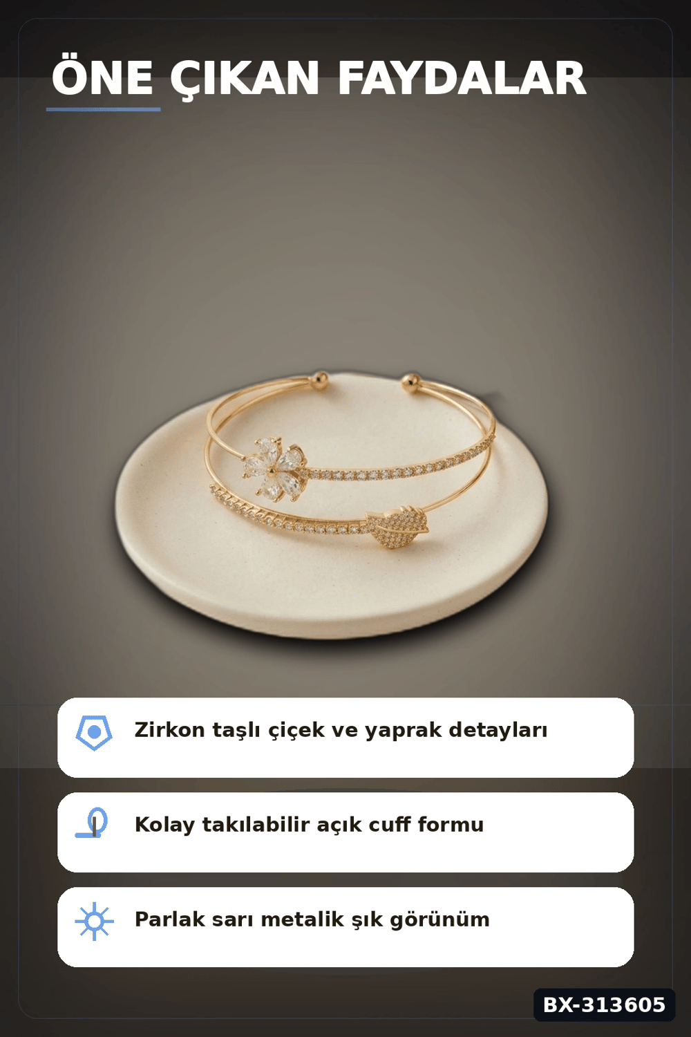 Çiçek Desenli Zirkon Taşlı Kadın Bileklik - Pirinç Materyal - Tekli Takı BX-313605