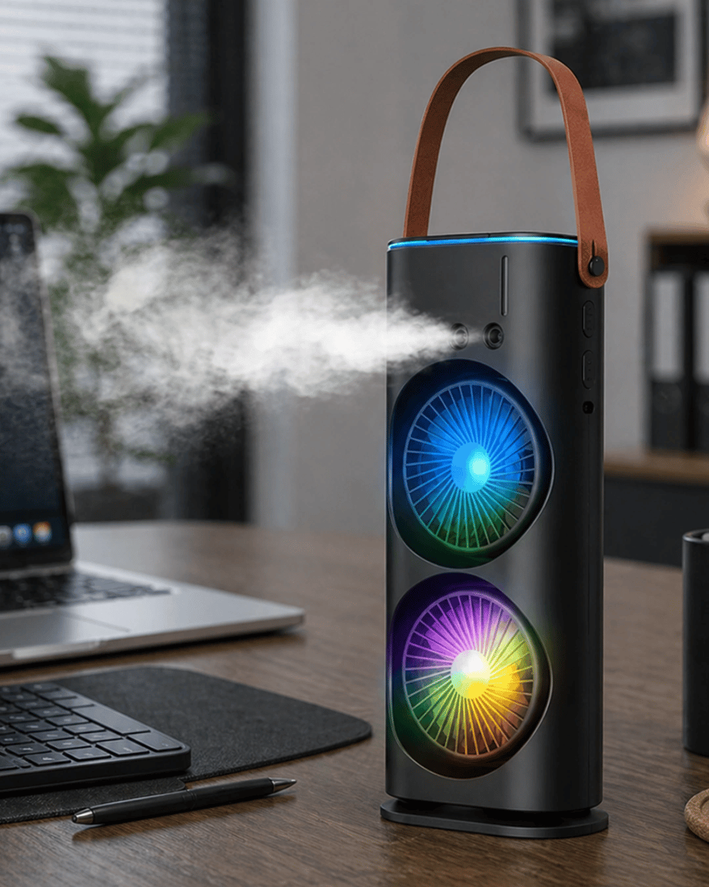 Çift Başlıklı Taşınabilir Fan RGB Işıklı Sprey Nemlendiricili Masaüstü Serinletici Fan