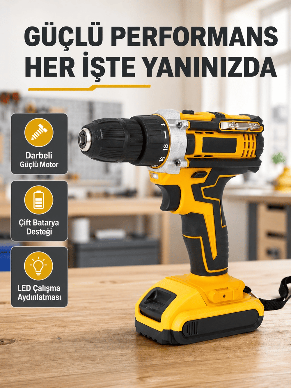 Çift Bataryalı Darbeli Şarjlı Matkap Seti – Metal Dişli, 24 Parça Aksesuar ve LED Işıklı