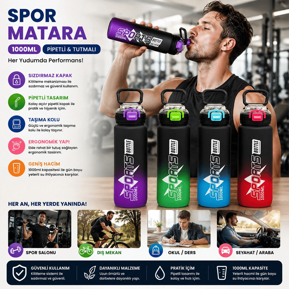 Çift Renkli Tutmalı Plastik Pipetli Spor Matara Suluk 1000ml Herhangi Bir Renk Gönderilir Bx40