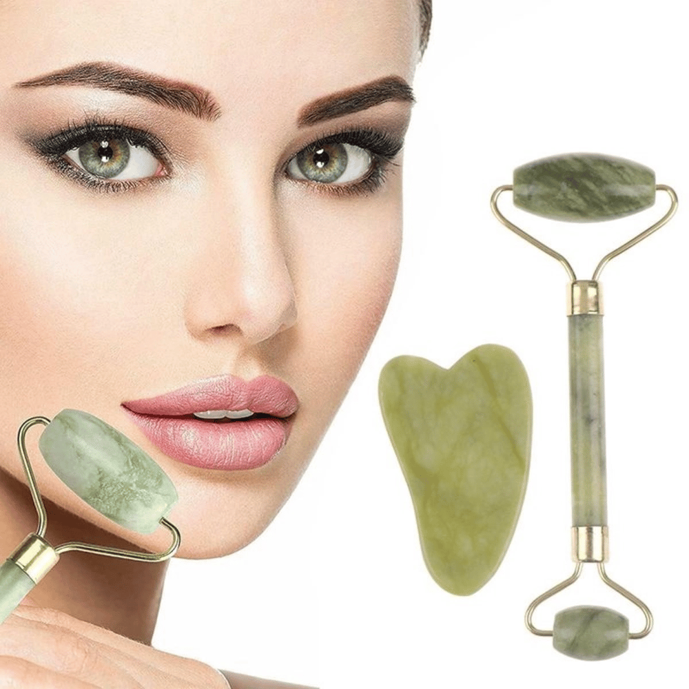 Çift Taraflı 2li Cilt Yüz Masaj Aleti Jade Roller Yeşim Taşı Seti Bx40