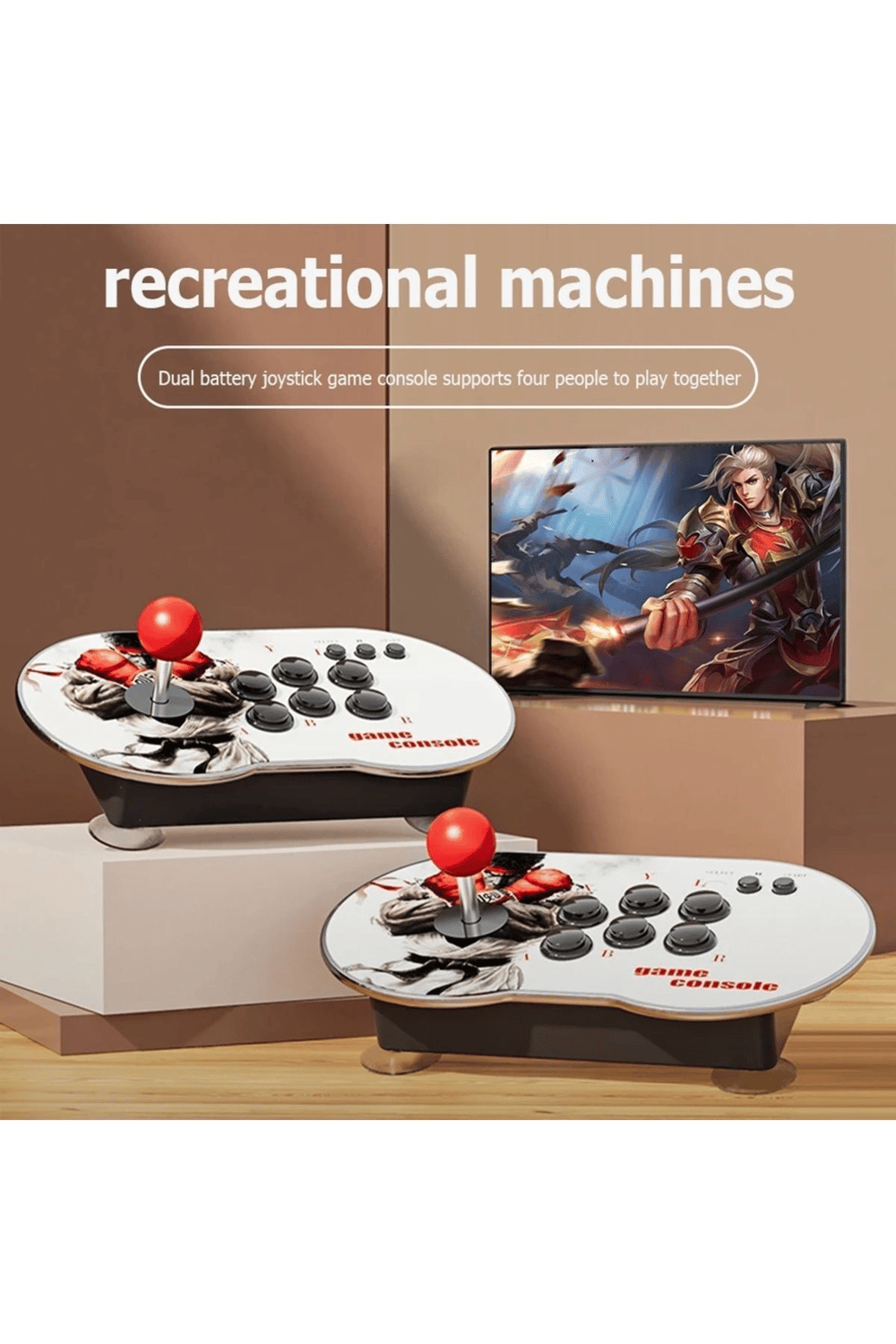 Çift kişilik retro joystickli beyaz oyun konsolu, 4K HD görüntü, oyun, bluetooth yok