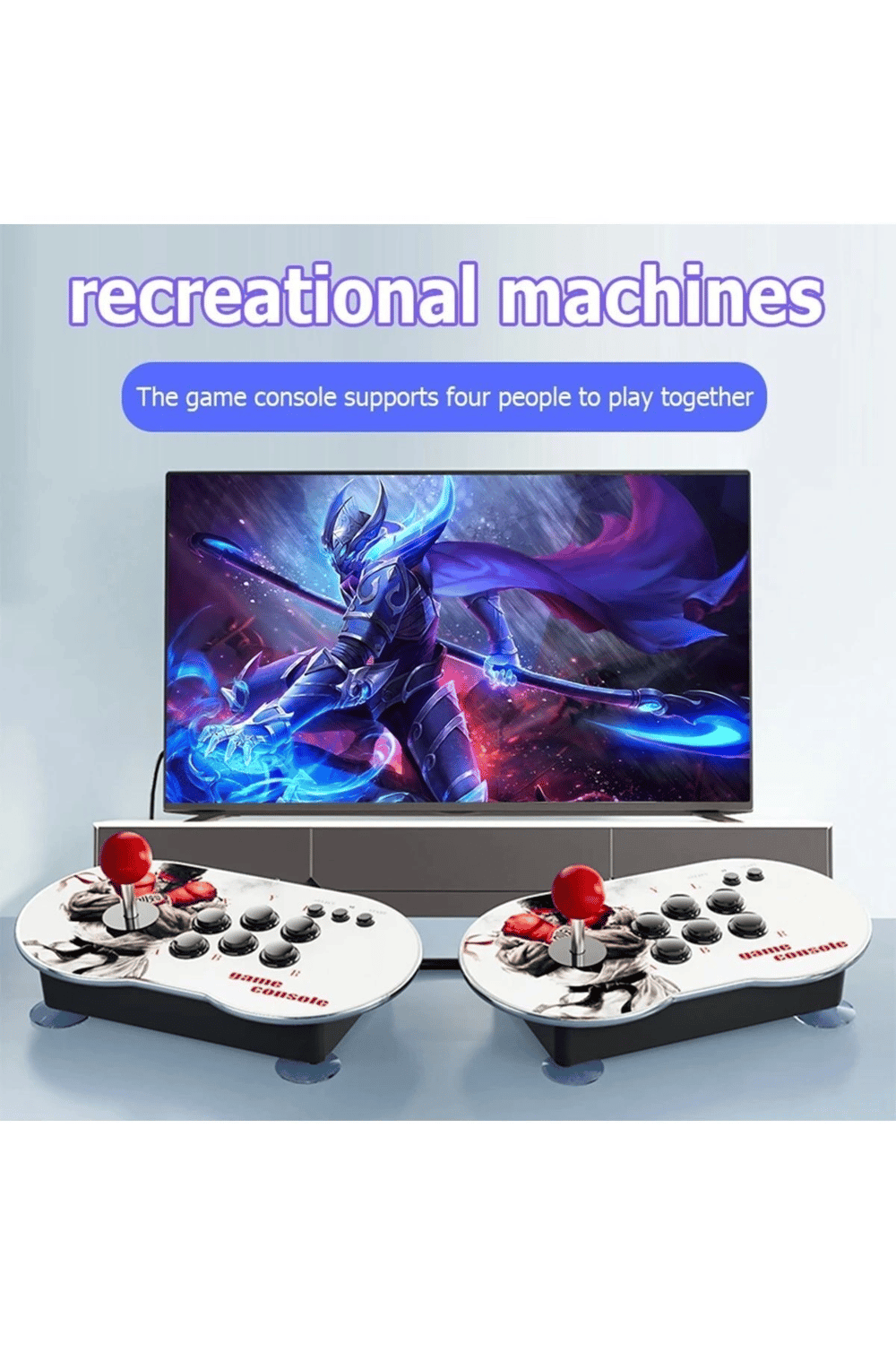 Çift kişilik retro joystickli beyaz oyun konsolu, 4K HD görüntü, oyun, bluetooth yok
