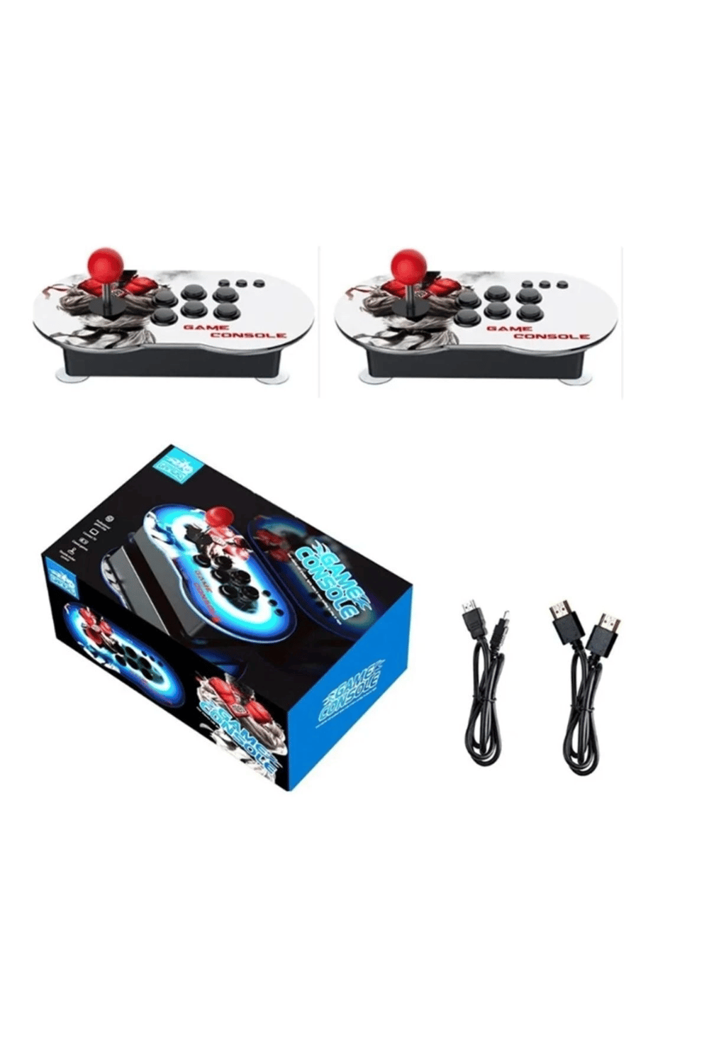 Çift kişilik retro joystickli beyaz oyun konsolu, 4K HD görüntü, oyun, bluetooth yok