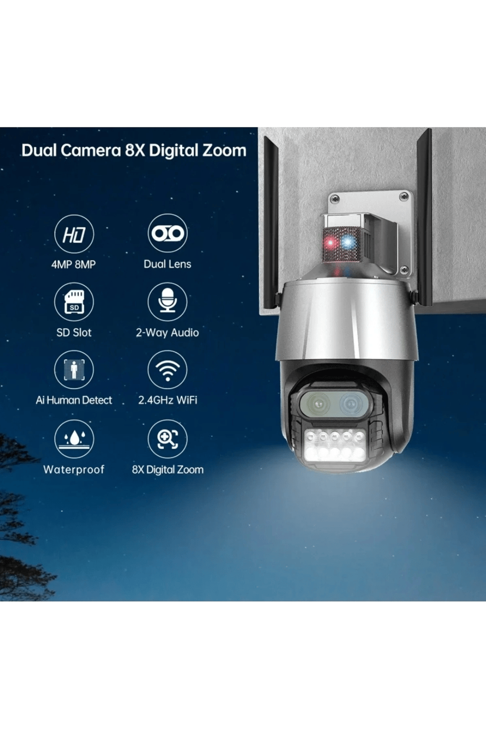 Çift lensli 8X zoom 4MP 4K Ultra HD hareketli gece görüşlü dış mekan WiFi IP kamera 2 yıl garantili