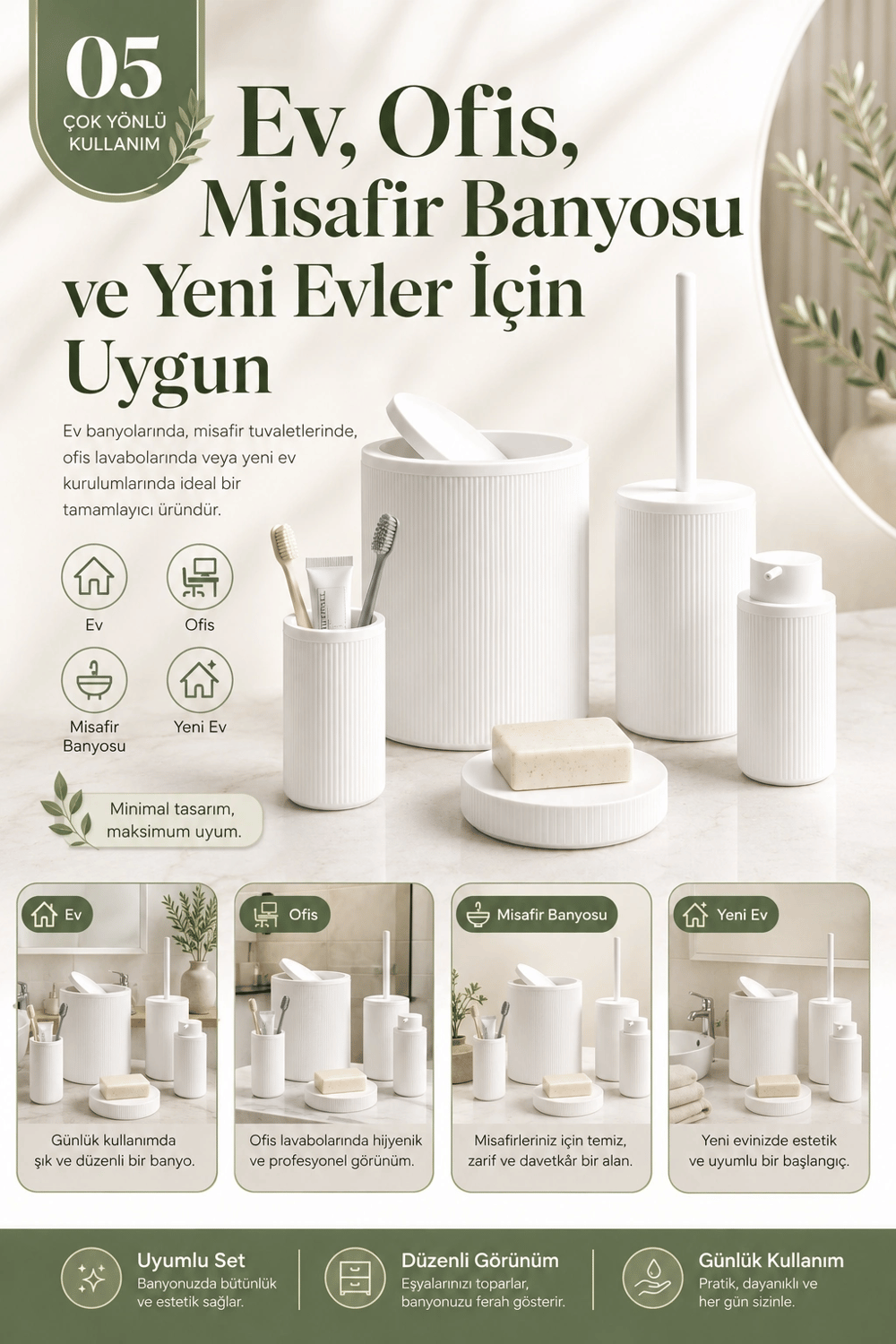 Çizgili Desenli Beyaz 5 Parça Banyo Seti Sıvı Sabunluk Sabunluk ve Diş Fırçalık