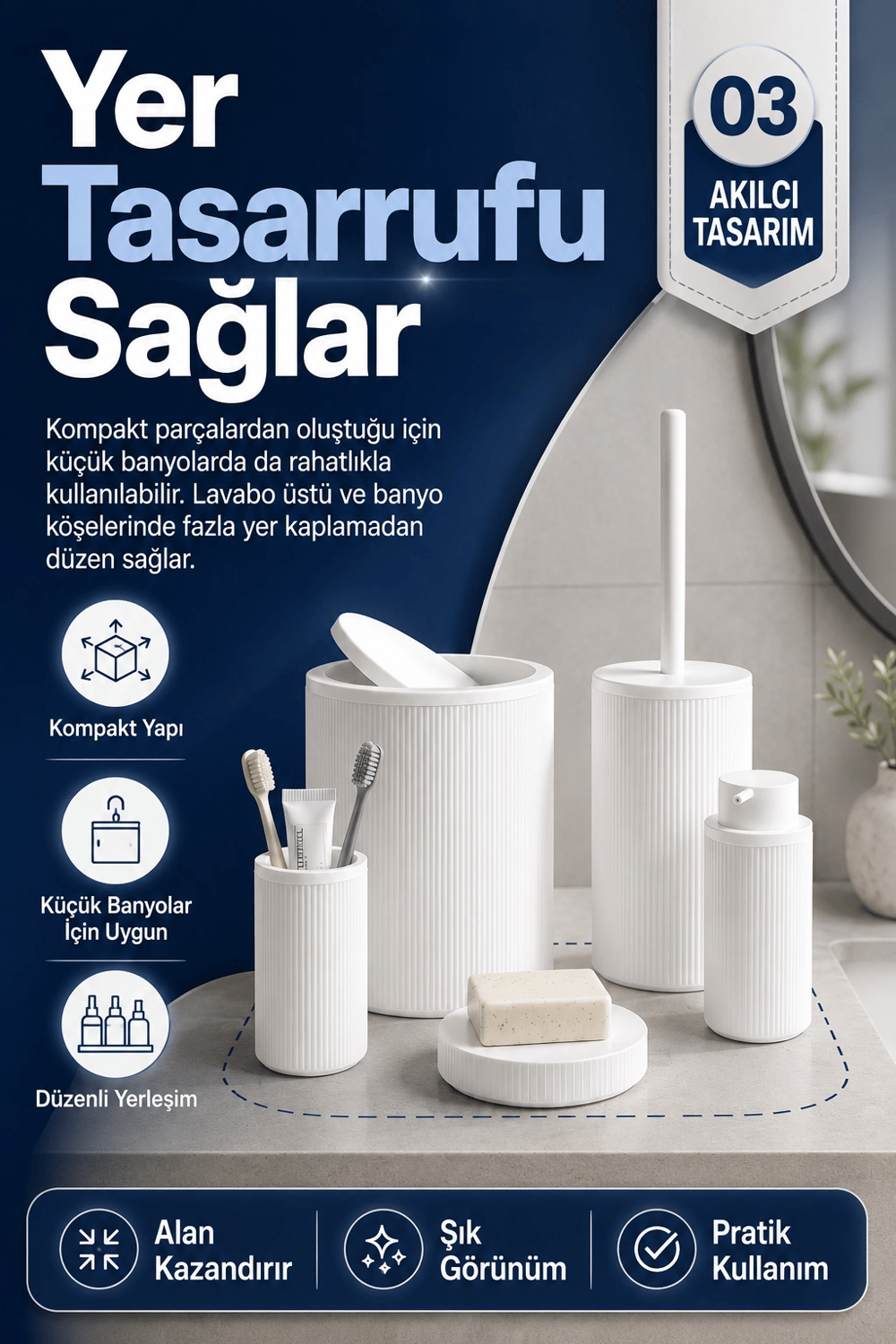 Çizgili Desenli Beyaz 5 Parça Banyo Seti Sıvı Sabunluk Sabunluk ve Diş Fırçalık