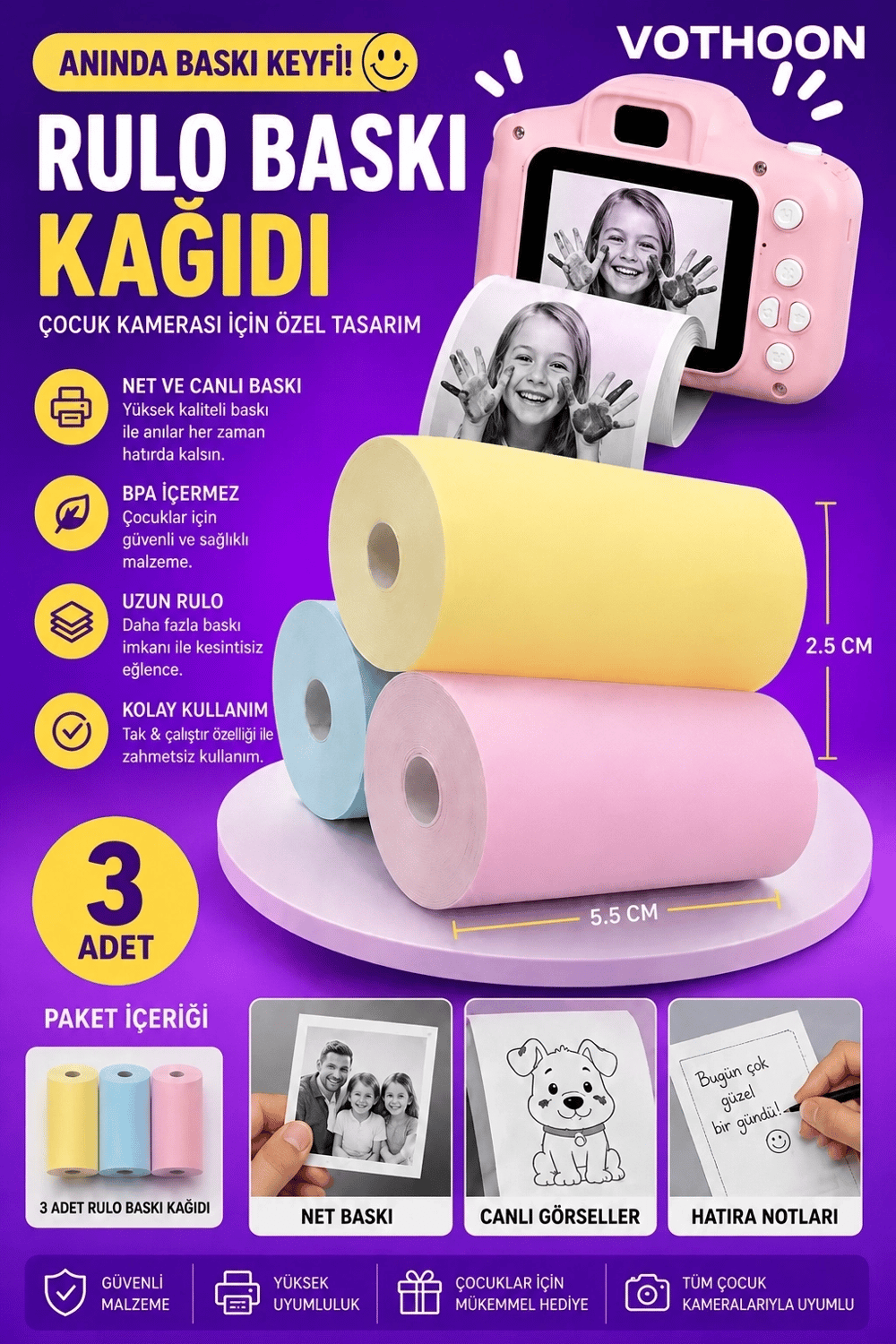 Çocuk Fotoğraf Makinesi Yedek Termal Baskı Kağıdı Renkli (3 Lü Rulo) – 57x25mm