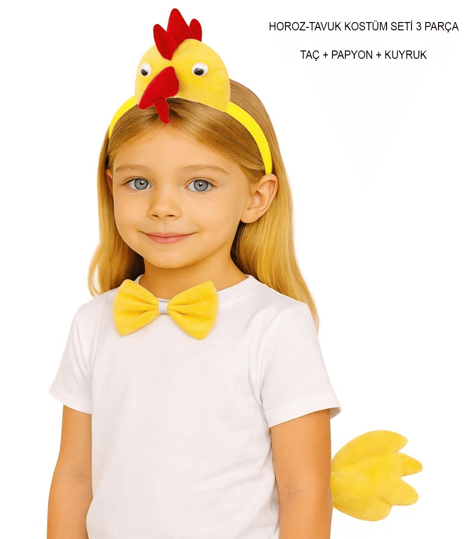 Çocuk Horoz Tavuk Kostüm Seti 3 Parça (taç + Papyon + Kuyruk)