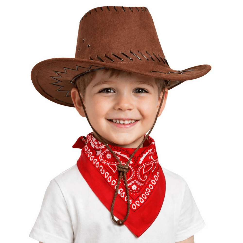 Çocuk Kovboy Şapka Kahverengi & Kırmızı Bandana Fular Seti