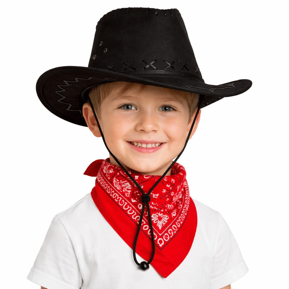 Çocuk Kovboy Şapka Siyah & Kırmızı Bandana Fular Seti