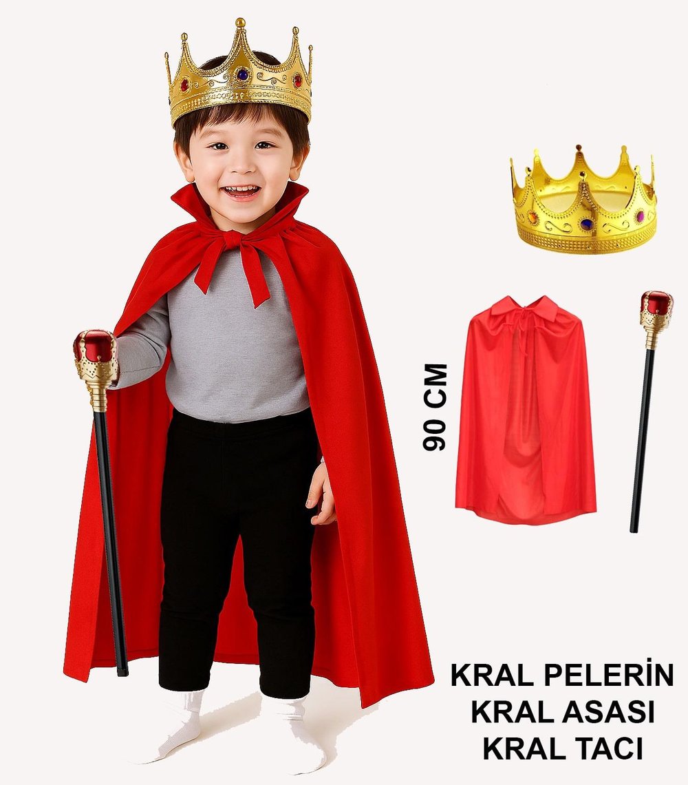 Çocuk Kral Kostüm Seti – Kırmızı Pelerin, Taç ve Asa (90 cm) (3936)