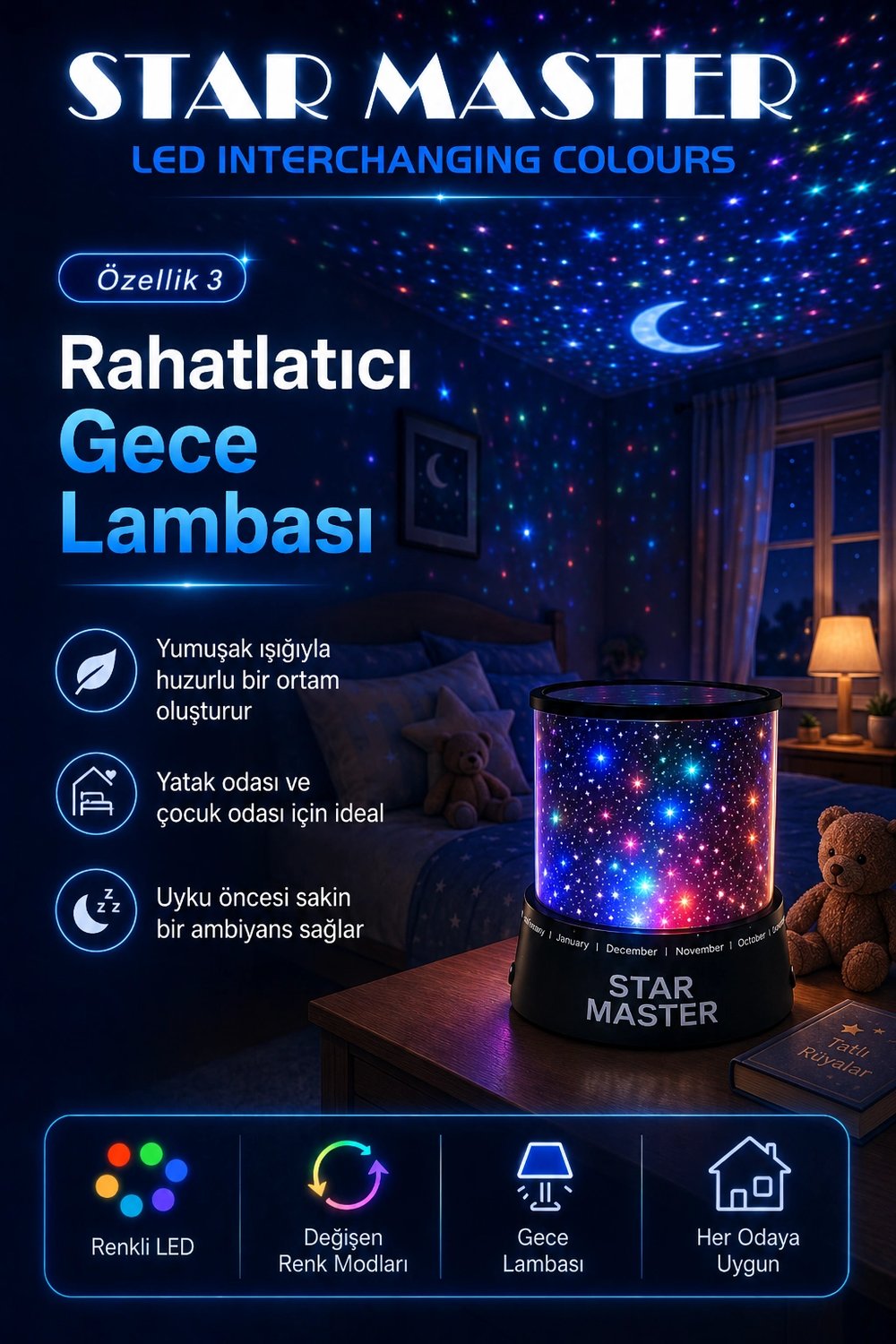 Çocuk Odası İçin Renkli Yıldız Yansımalı LED Gece Lambası Dekoratif Projektör