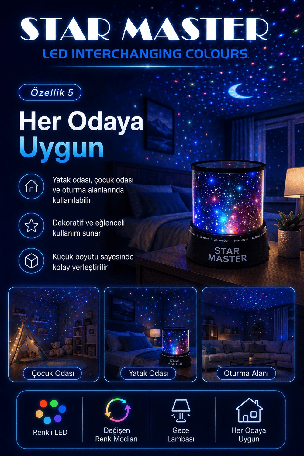 Çocuk Odası İçin Renkli Yıldız Yansımalı LED Gece Lambası Dekoratif Projektör