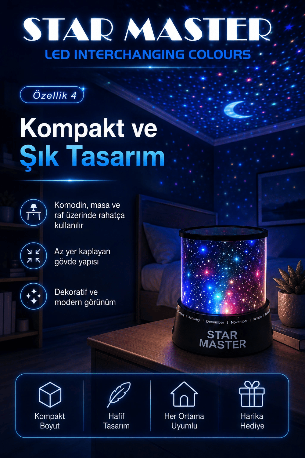 Çocuk Odası İçin Renkli Yıldız Yansımalı LED Gece Lambası Dekoratif Projektör