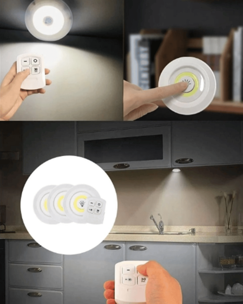 Çok Amaçlı Kullanım İçin Kablosuz Yapışkanlı 3 Lü Uzaktan Kumandalı Led Spot Lamba