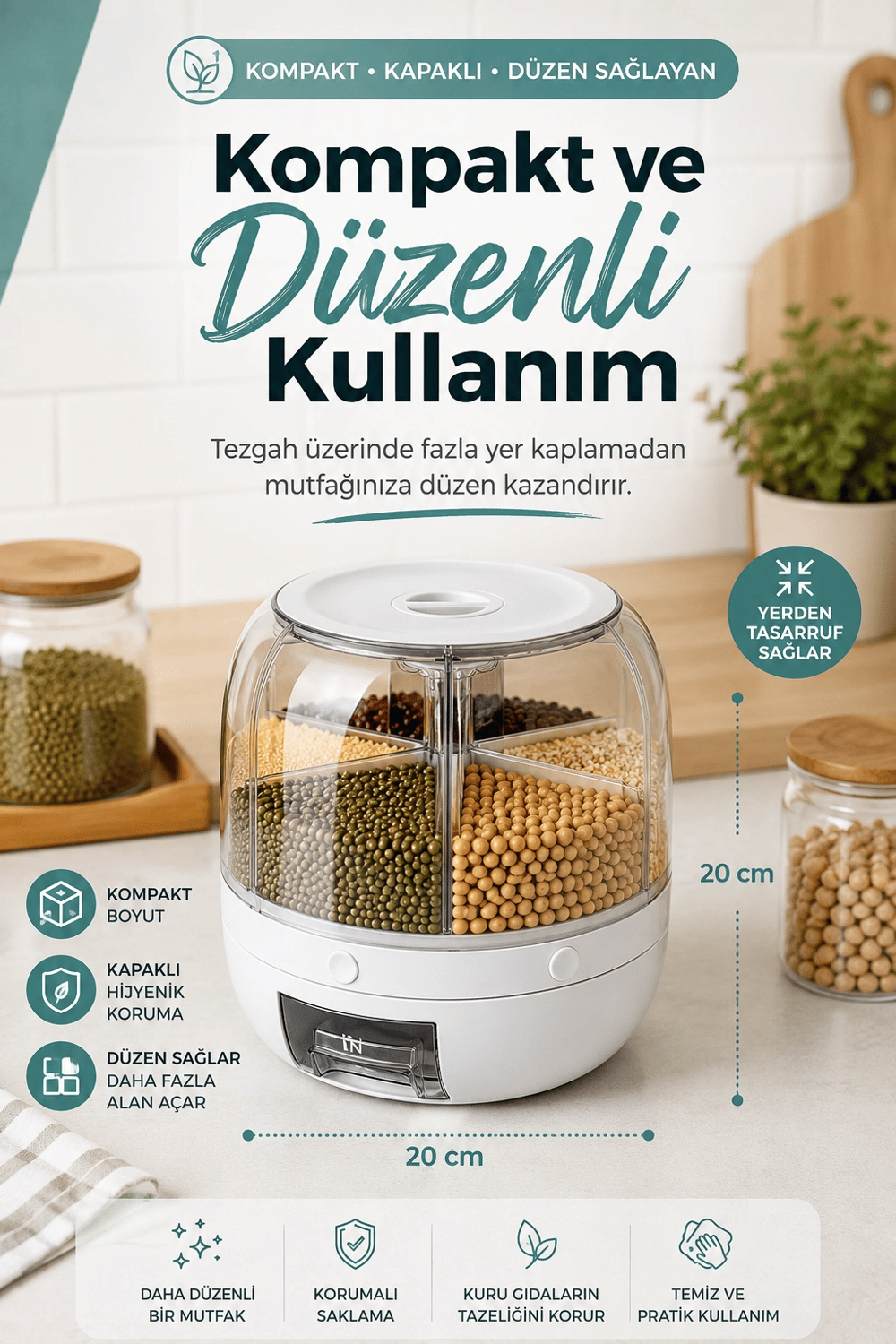 Çok Bölmeli Bakliyat ve Kuru Gıda Saklama Kabı Döner Sistemli Ölçülü Dağıtıcılı