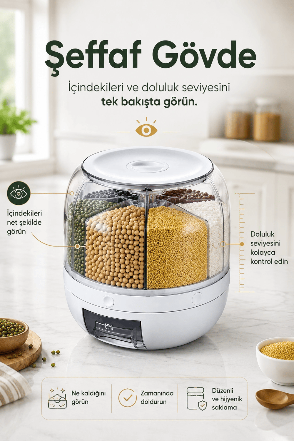 Çok Bölmeli Bakliyat ve Kuru Gıda Saklama Kabı Döner Sistemli Ölçülü Dağıtıcılı