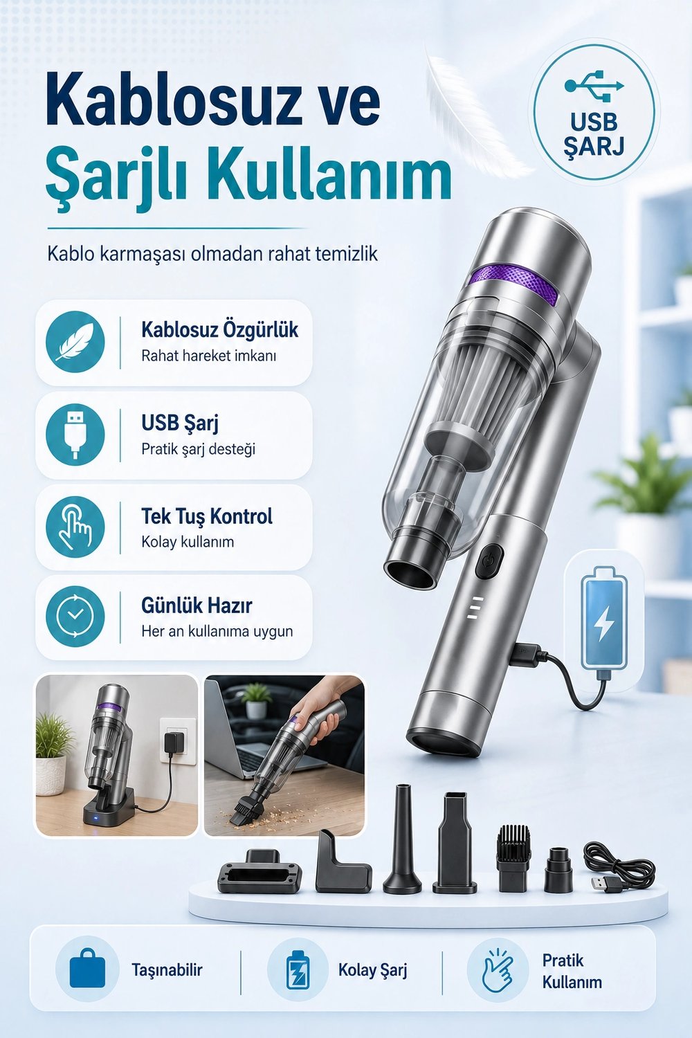 Çok Fonksiyonlu El Tipi Vakum Süpürge Hava Üfleme Cihazı Şarjlı Temizlik Seti