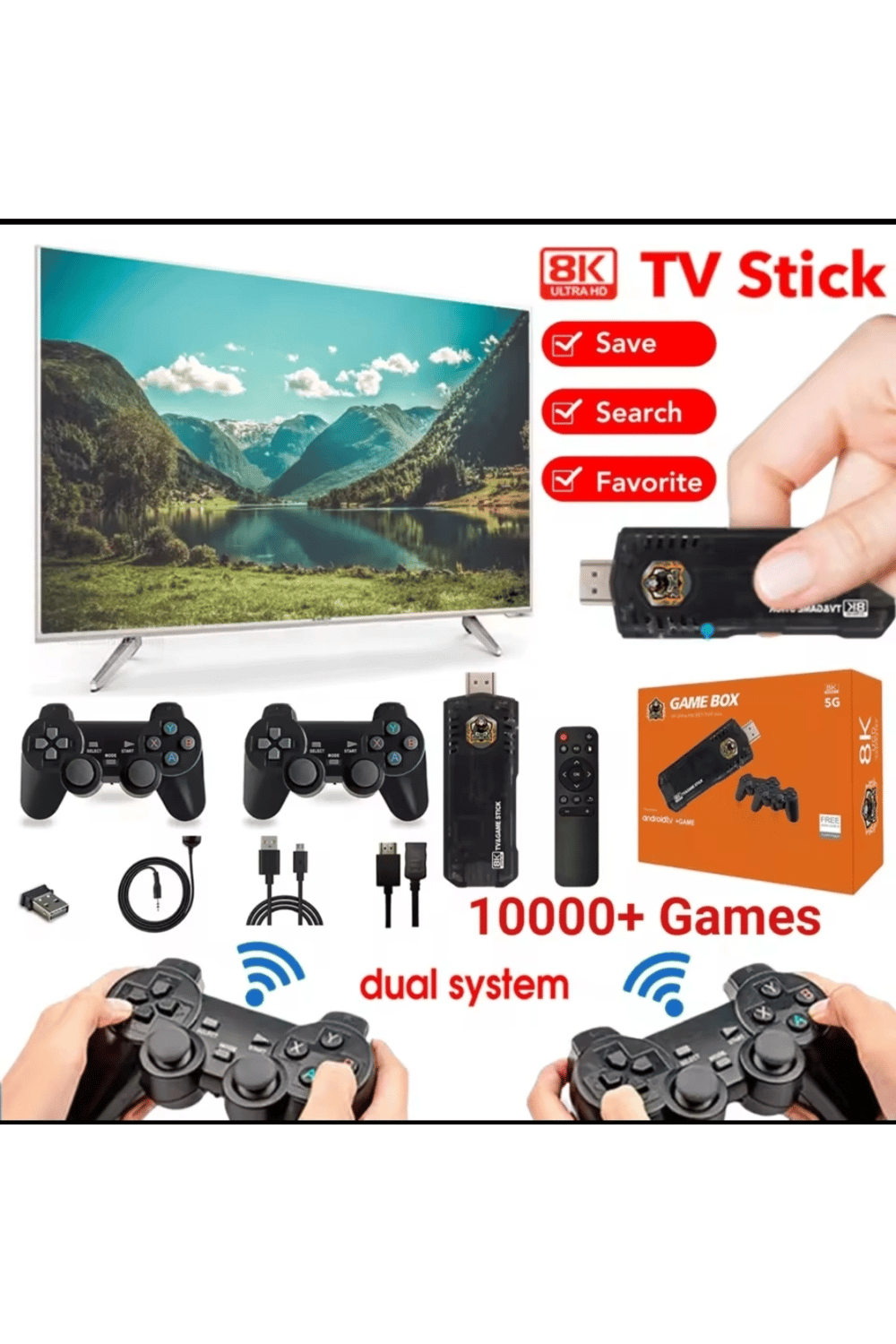 Çok renkli kumandalı Android TV oyun konsolu çift kişilik oyunlu Bluetooth yok - Elektronik