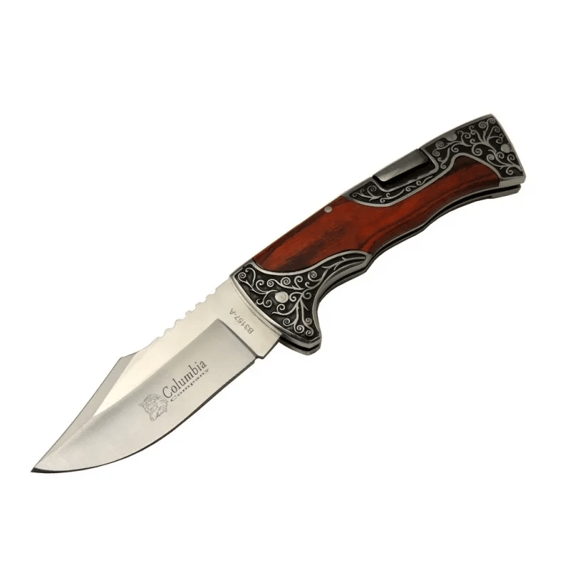 Columbia B3157a İşlemeli Kamp Çakı 22 Cm - Gül Ağacı Saplı, Manuel Açılma