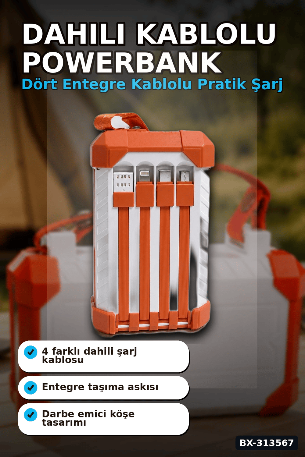 Dahili Kablolu 60000mAh Powerbank 22.5W Hızlı Şarj Type-C USB Çıkışlı Dijital Göstergeli BX-313567
