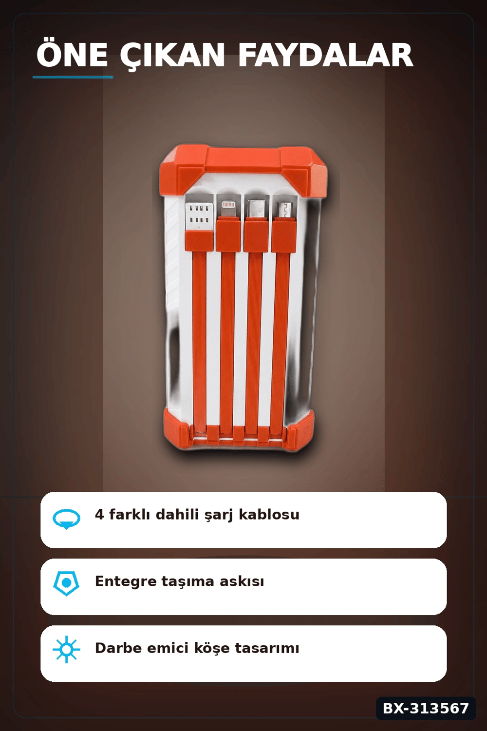 Dahili Kablolu 60000mAh Powerbank 22.5W Hızlı Şarj Type-C USB Çıkışlı Dijital Göstergeli BX-313567
