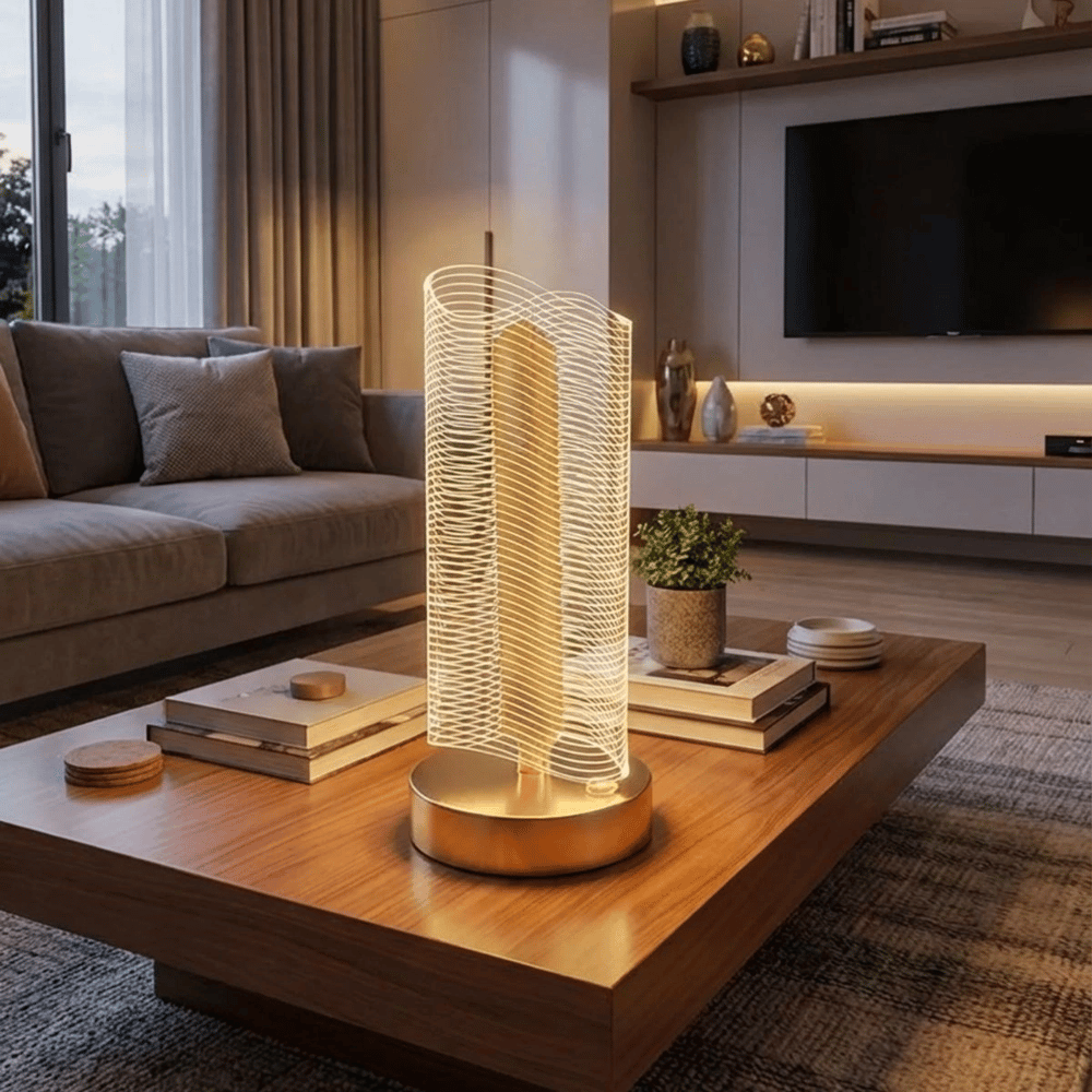 Dalgalı Silindirik Kristal Çizgili Model Led Masa Lambası – Gold Tabanlı, Dokunmatik, 3 Renk Işık Modlu, Şarjlı Modern Dekoratif Gece Lambası Bx40