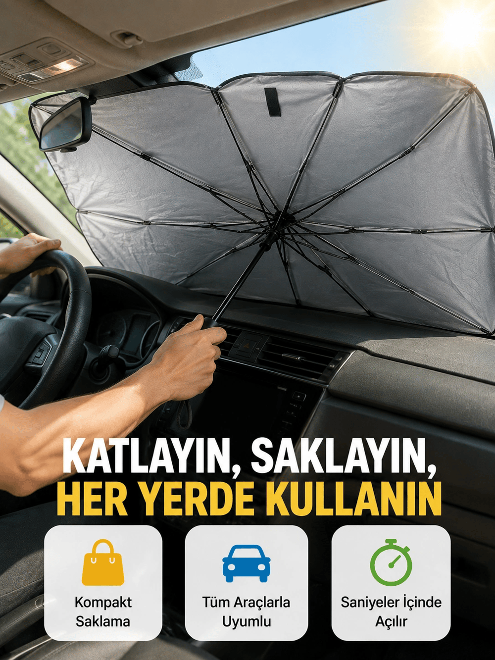 Dayanıklı UPE Alaşımlı Şemsiye Tipi Araç Güneşliği - Kolay Katlanır Yeni Nesil