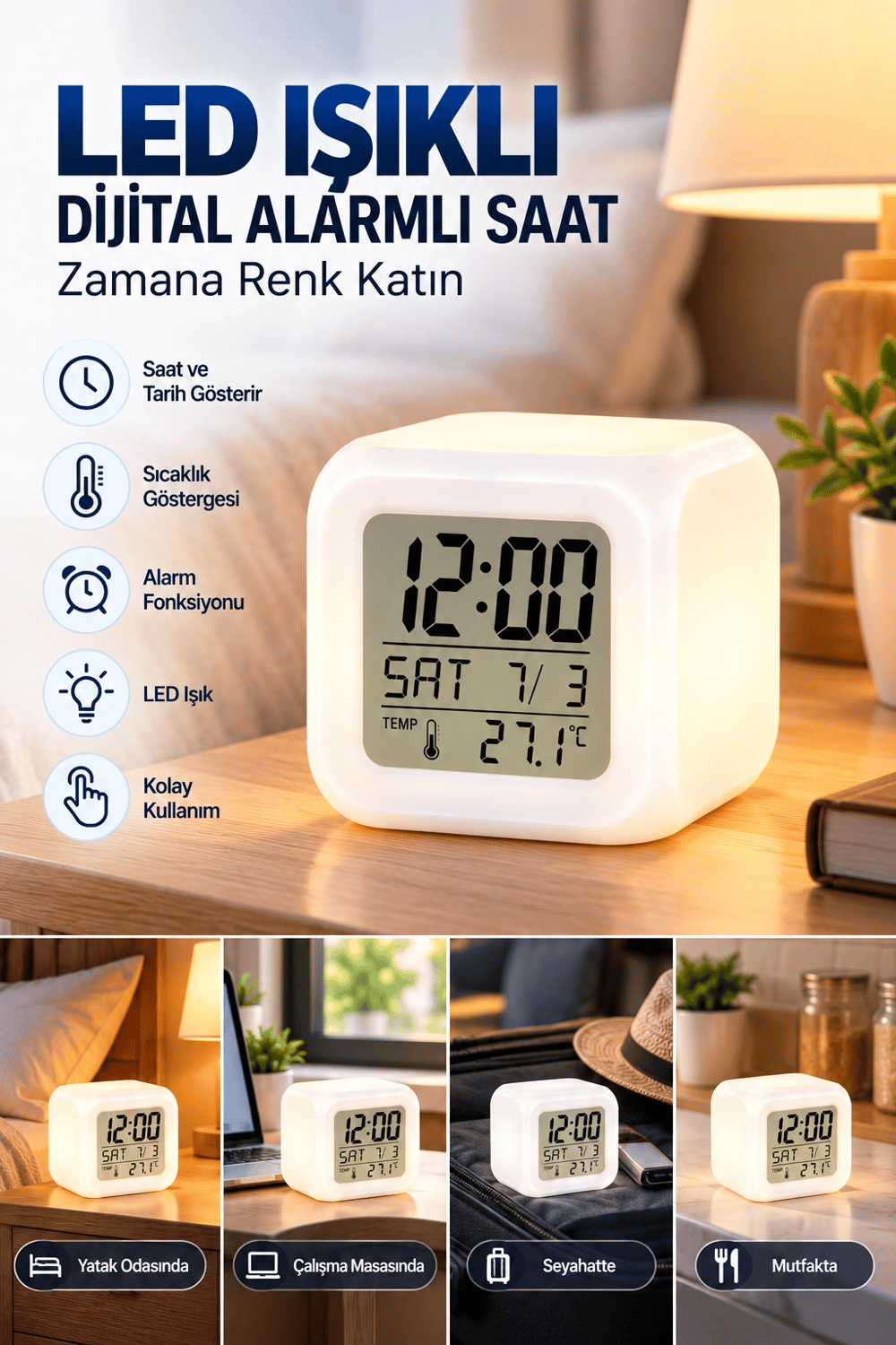 Dekoratif Küp Saat LED Işıklı Dijital Saat Alarm ve Sıcaklık Özellikli