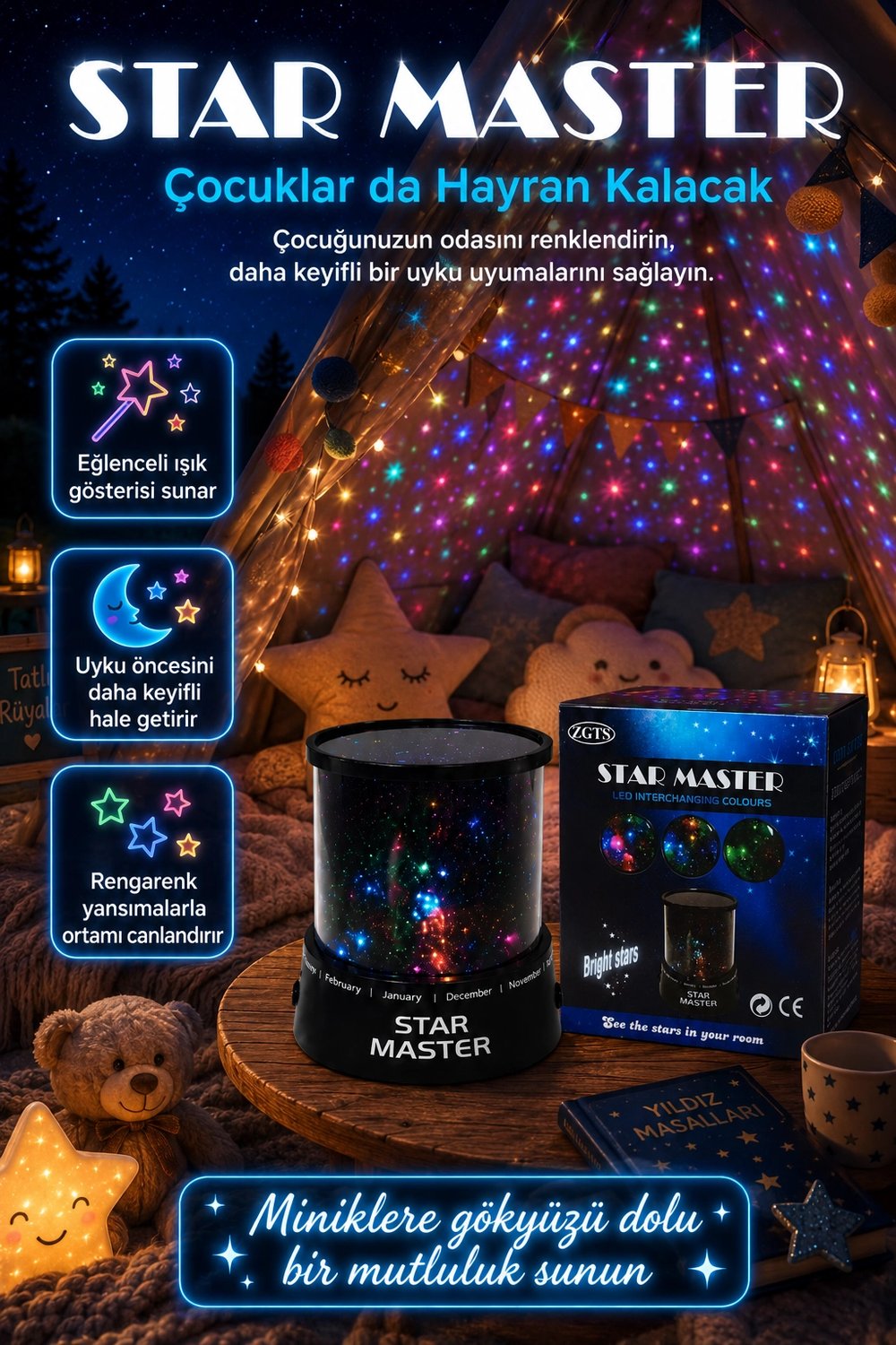 Dekoratif LED Yıldız Gece Lambası Renkli Işık Efektli Oda Atmosfer Projektörü