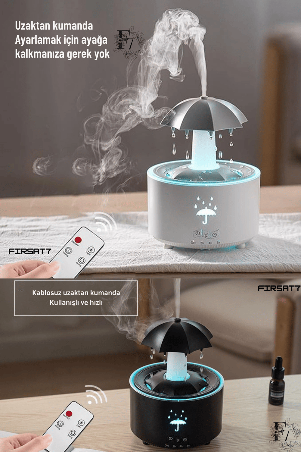 Dekoratif Şemsiye Tasarımlı Soğuk Buhar Aroma Difüzörü ve Hava Nemlendirici, 7 Renkli LED Işıklı