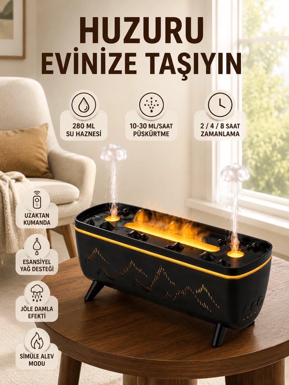 Dekoratif Siyah Hava Nemlendirici Jöle Damla ve Alev Efektli LED Işıklı Aroma Difüzörü